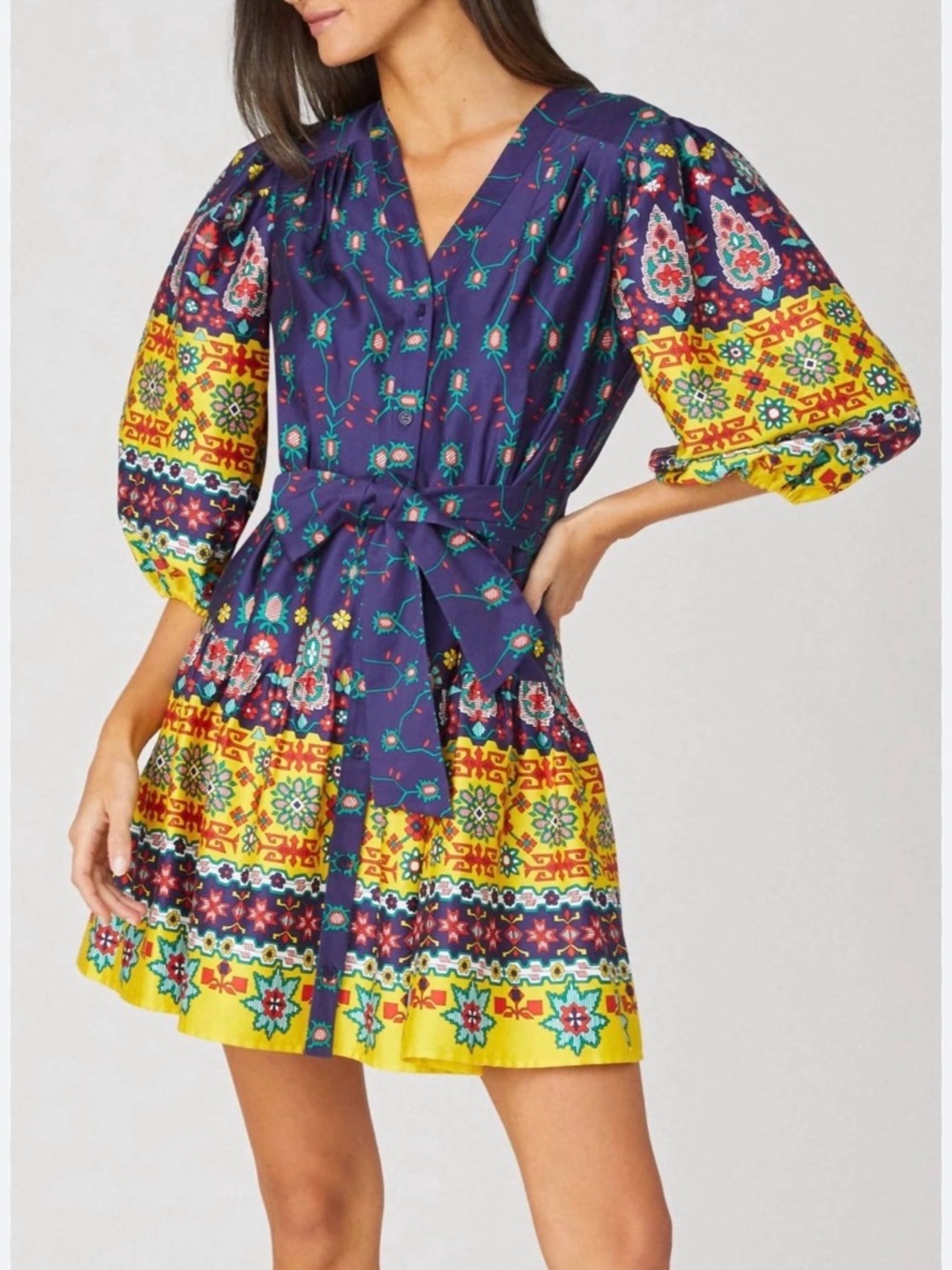Shoshanna Boho V-Neck Puff Sleeve Mini Dress - Navy & Yellow